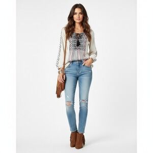 Style and Co Top Womens L Cream‎ Embroidered Ethnic Festival Boho Peasant Tunic